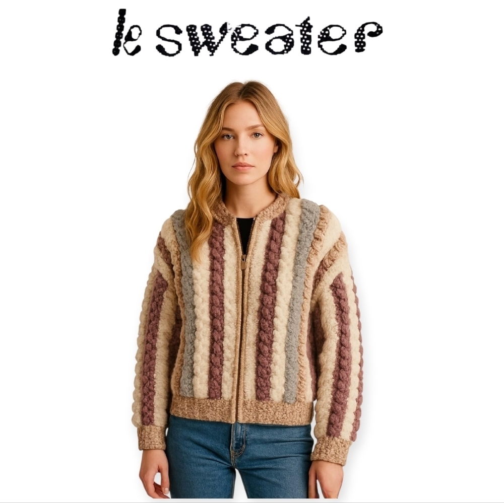 1970s Vintage Neutral Pom Pom Zip Up Knit Cardigan Small Phoebe Buffay Style